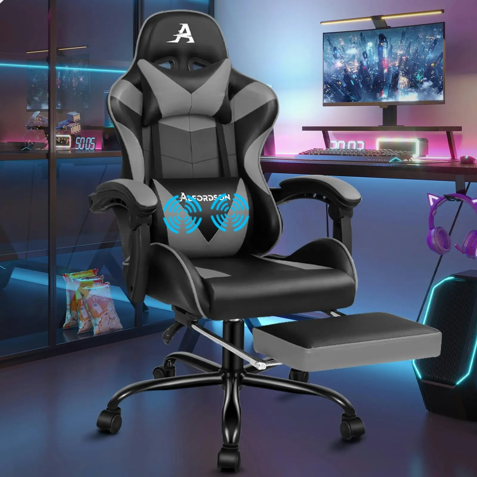 Alfordson Gaming Chair with Lumbar Massage Office Chair Black & Grey - Furniture