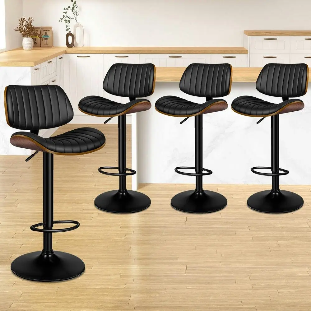 Alfordson 4x Bar Stools Kitchen Swivel Chair Wooden Leather Gas Lift Black - Furniture