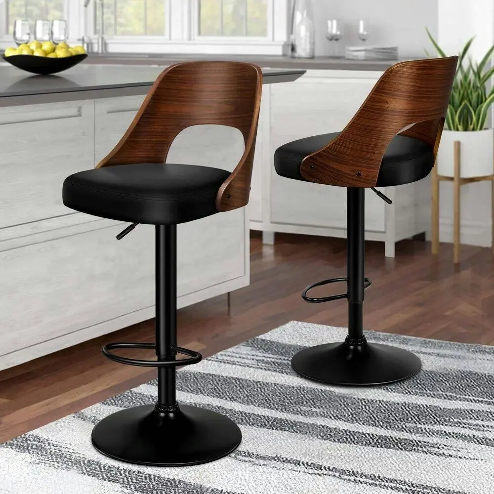 2x Alfordson Bar Stools Kitchen Swivel Chair Wooden Leather Gas Lift Lucas Black - Furniture