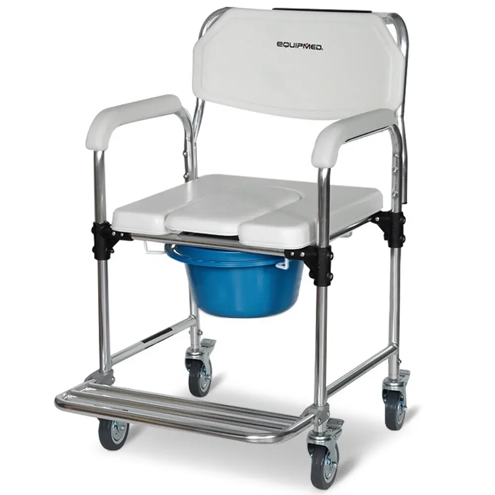 Equipmed Commode Shower Chair, Over Toilet or Bedside 136kg Capacity Aluminium frame with Wheels, White/Blue - Furniture