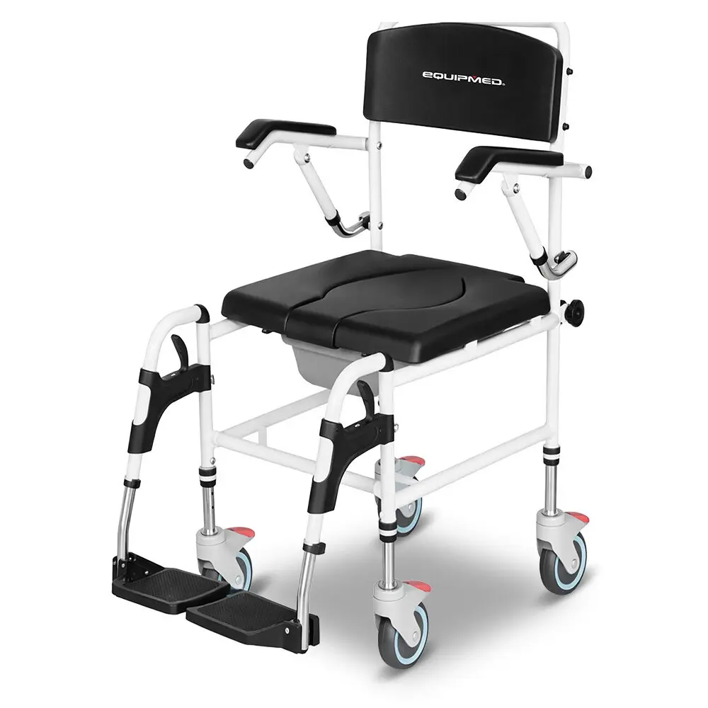 Equipmed Commode Shower Chair, Over Toilet or Bedside 136kg Capacity Aluminium frame with Wheels, Black - Furniture