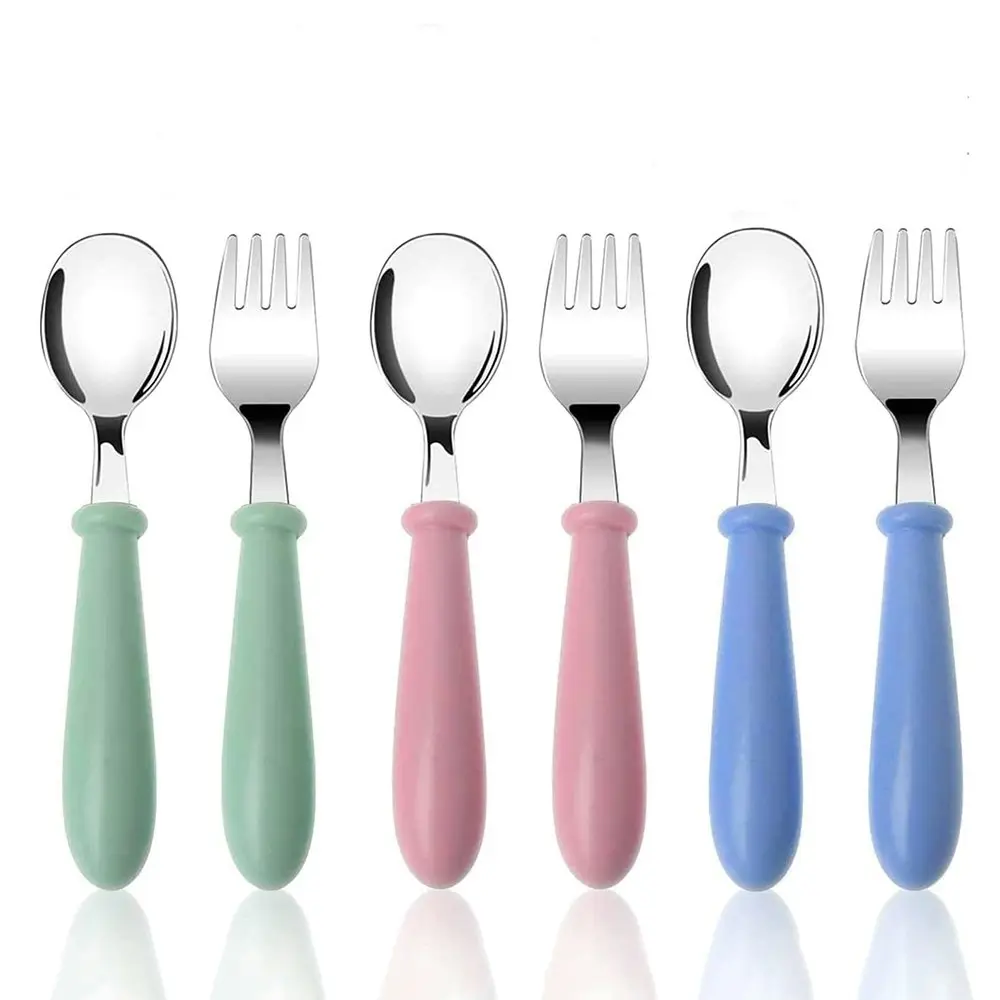 3 sets cute toddler utensils stainless steel fork and spoon(pink+blue+green) - Home & Garden