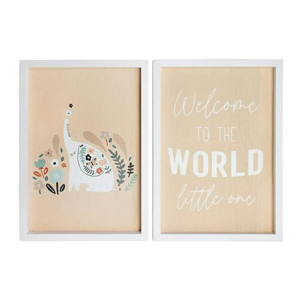 2pc MDF 28cm Welcome World Little One Sign Kids Bedroom Decor Plaque Set Beige - Home & Garden