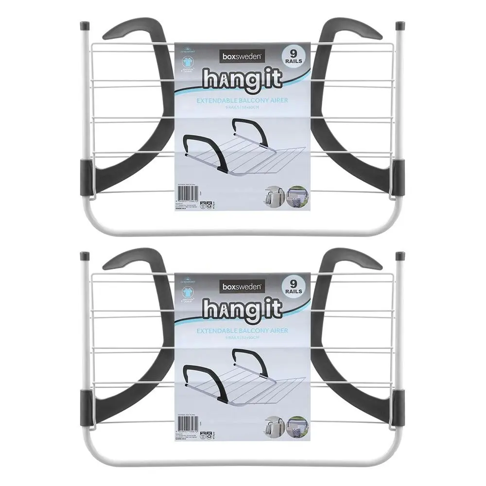 2x Boxsweden Hangit 60cm Extendable 9-Rails Balcony Airer Laundry Drying Rack WH