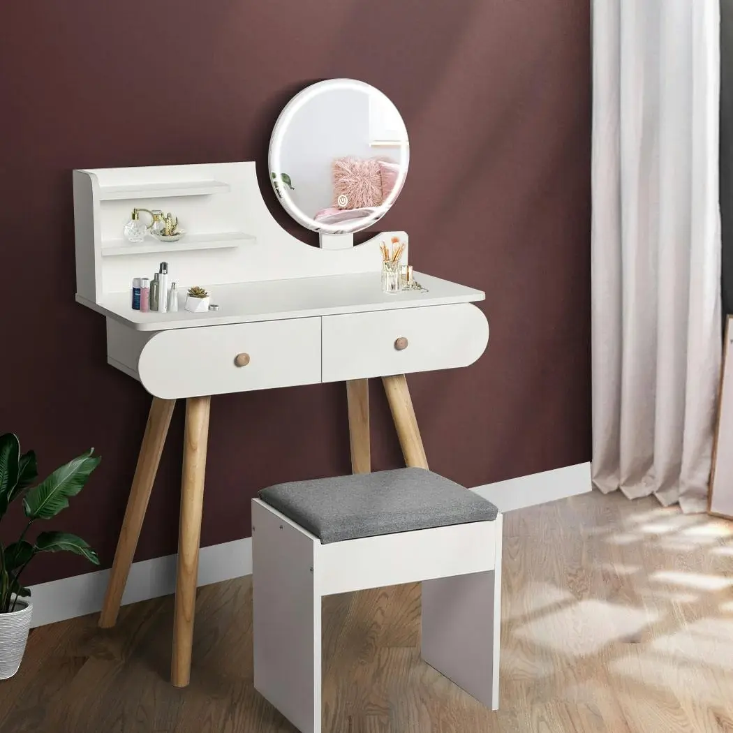 Levede Dressing Table Stool LED Mirror Jewellery Cabinet Makeup Storage 3 Colour - Furniture