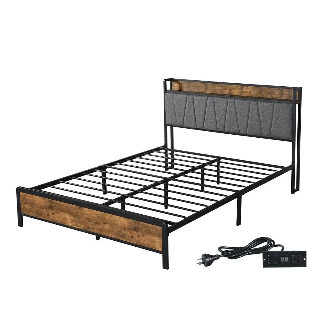 Levede Queen Bed Frame Industrial Tufted Soft Storage Headboard USB Charge - Furniture