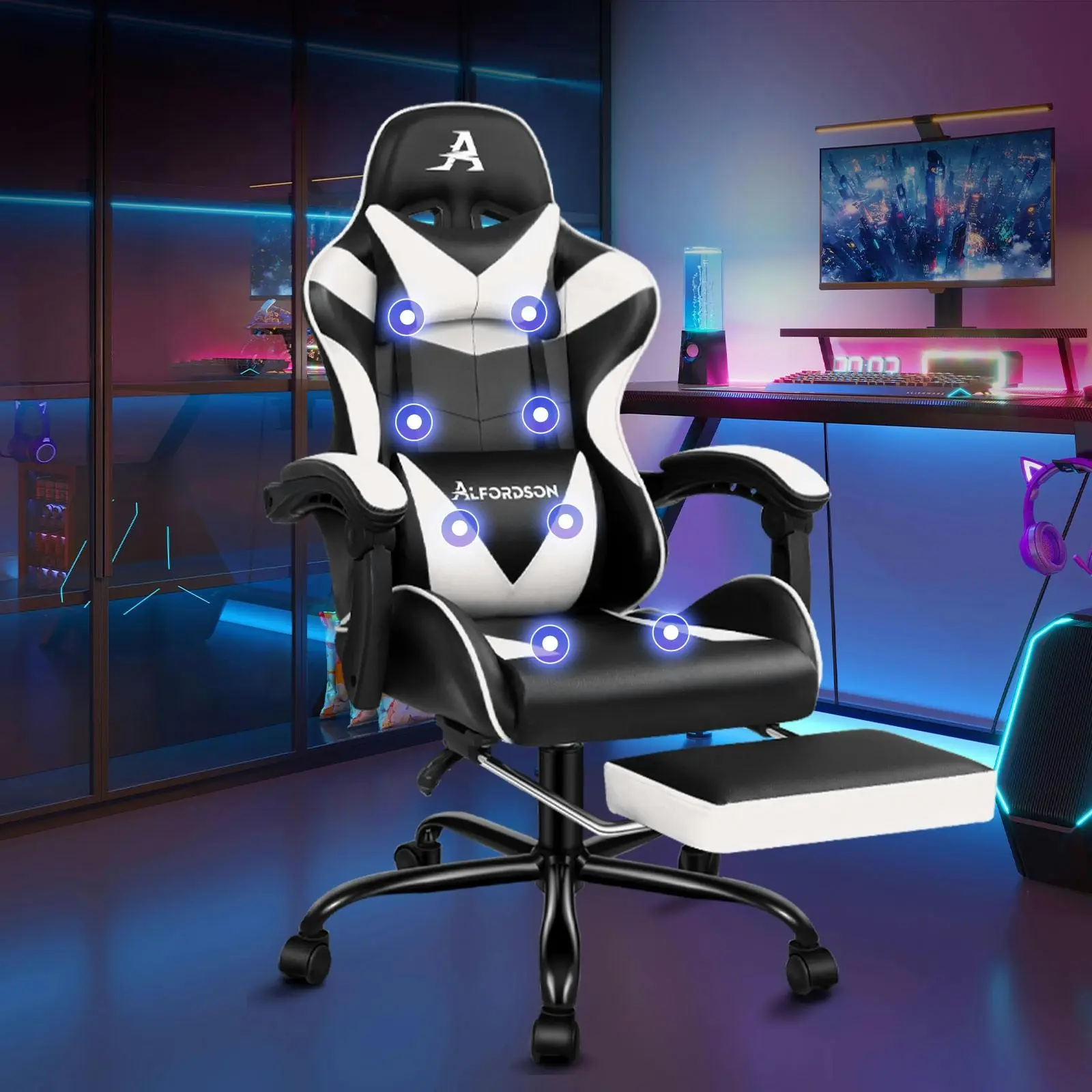 Alfordson Gaming Chair Office Massage Computer Racing Seat PU Leather White - Furniture