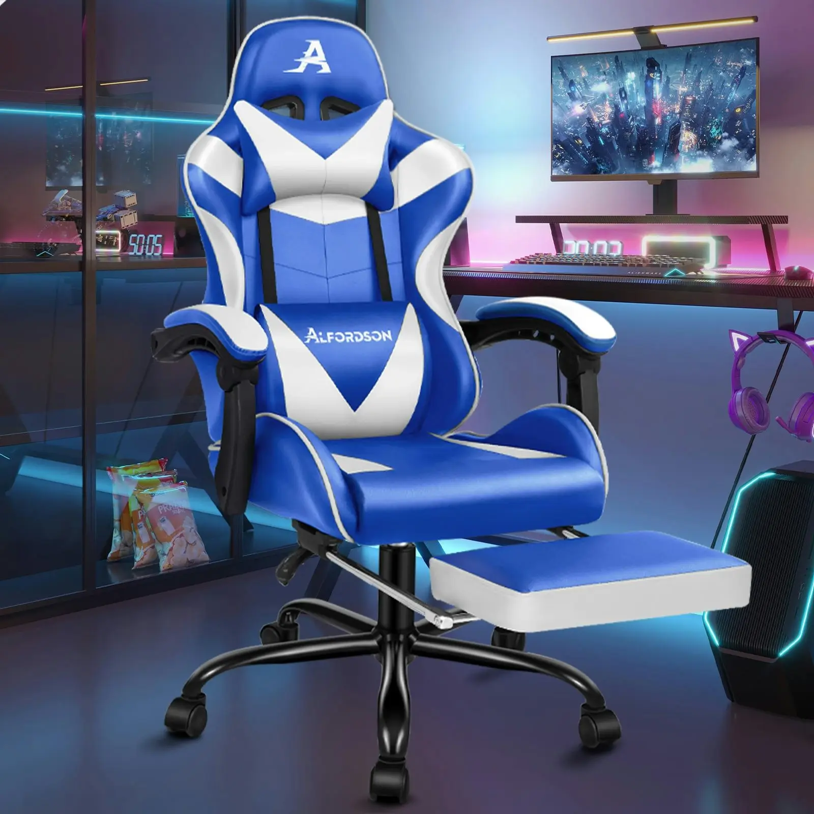 Alfordson Gaming Chair with Lumbar Massage Office Chair Blue & White - Furniture