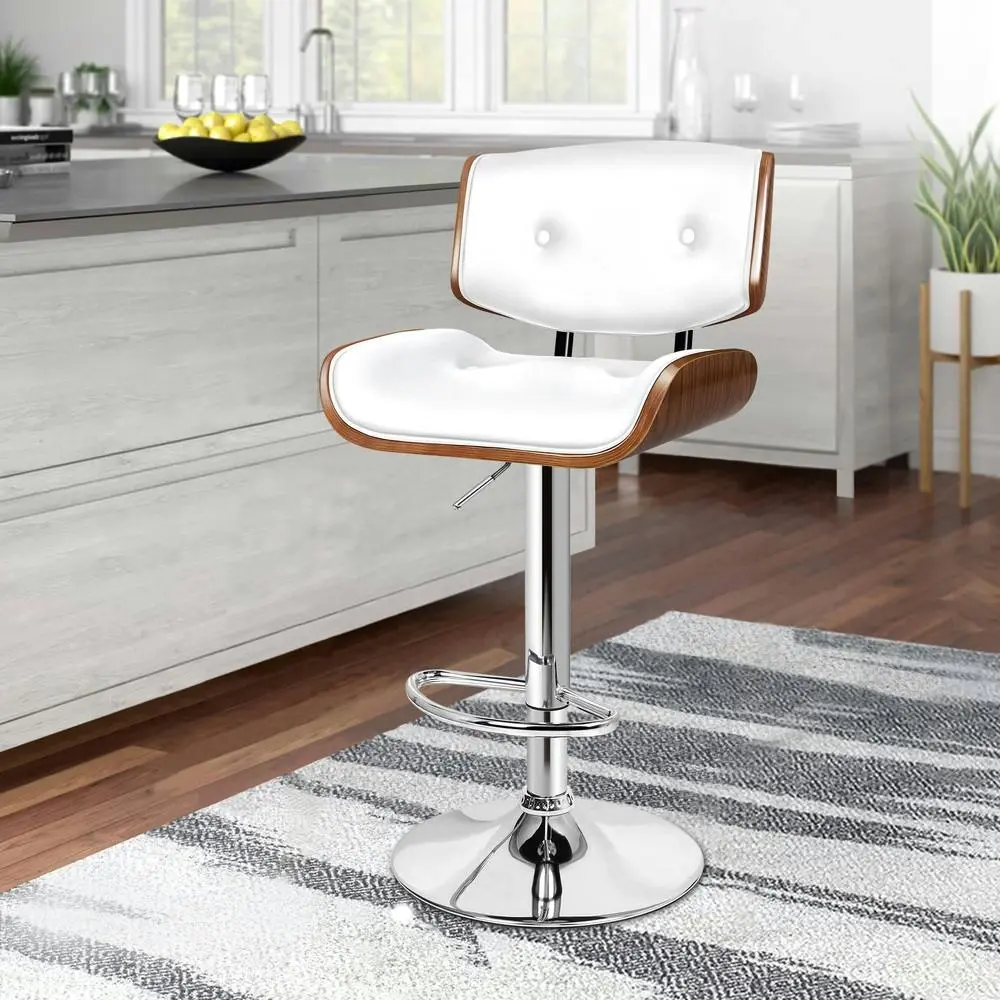 Alfordson 1x Bar Stool Kitchen Swivel Wooden Chair Leather Odette White - Furniture