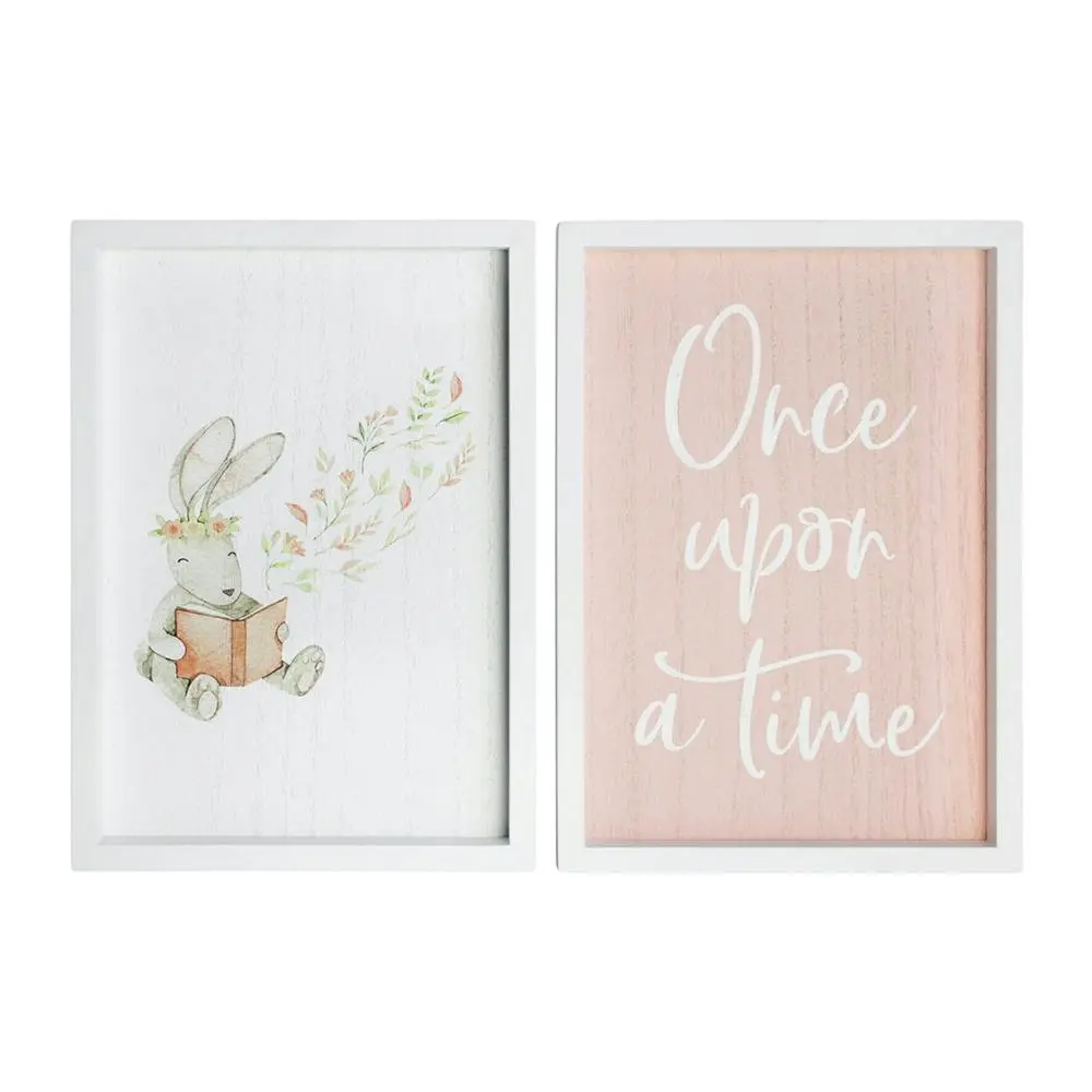 2pc MDF 28cm Once Upon A Time Sign Kids Bedroom Decor Plaque Set Pink/White - Home & Garden