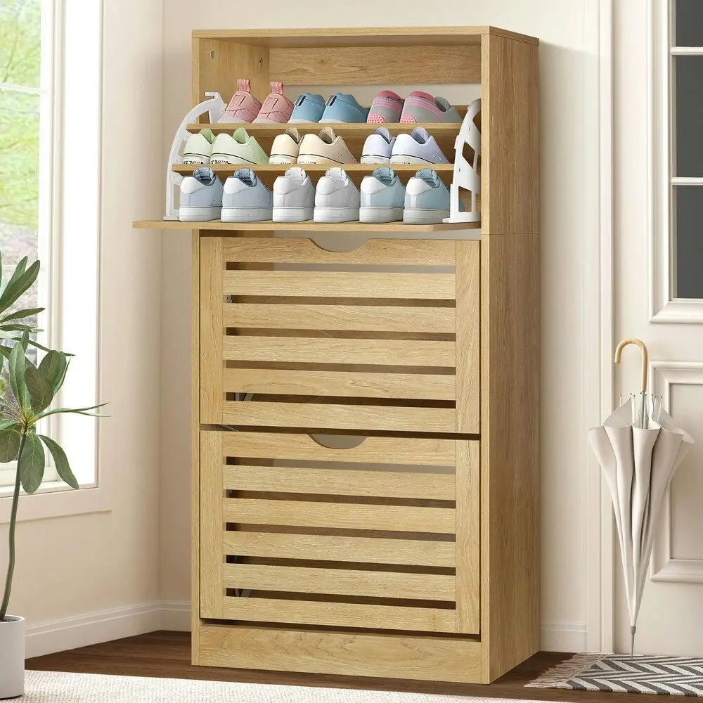 Alfordson Shoe Cabinet 45 Pairs Storage Rack Flip Drawers Wood - Furniture