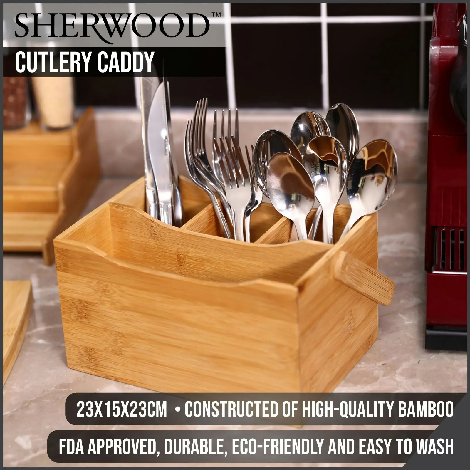 Sherwood Home Bamboo Cutlery Caddy Natural Brown Holds Knife/Fork/Spoon and Napkin/Serviette - Home & Garden