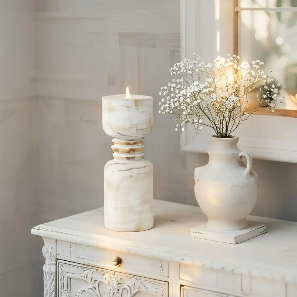 Willow & Silk Handmade Wooden 30cm Carved Whitewash Pillar Candle Holder - Home & Garden