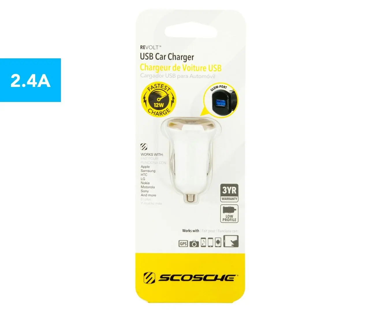 Scosche reVOLT 12W 2.1A USB Car Charger/Fast Charging f/ Smartphones/Tablets - Electronics