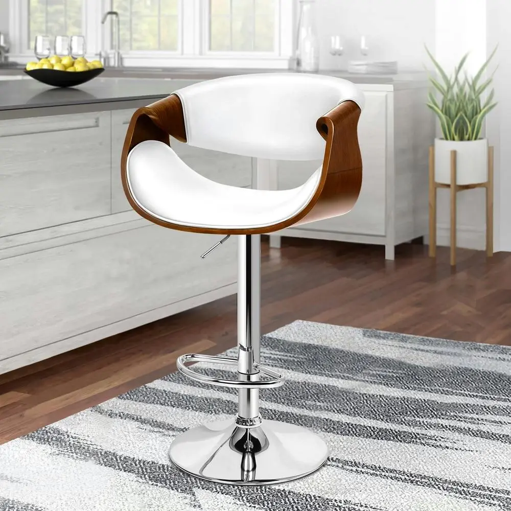 Alfordson 1x Bar Stool Kitchen Swivel Chair Wooden Leather Trice White - Furniture