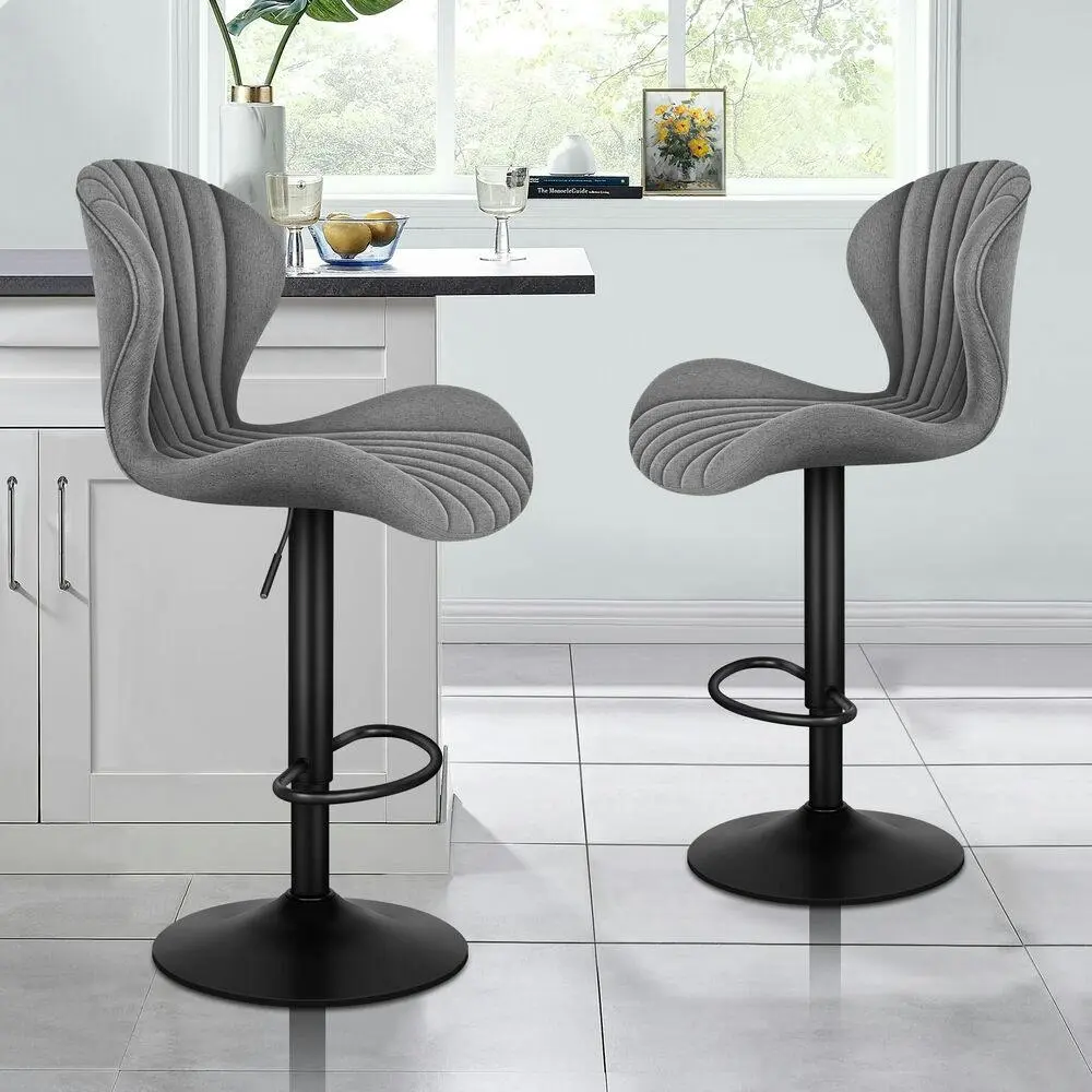 Alfordson 2x Bar Stools Gas Lift Fabric Bar Chairs Kitchen Swivel Stella Grey - Furniture
