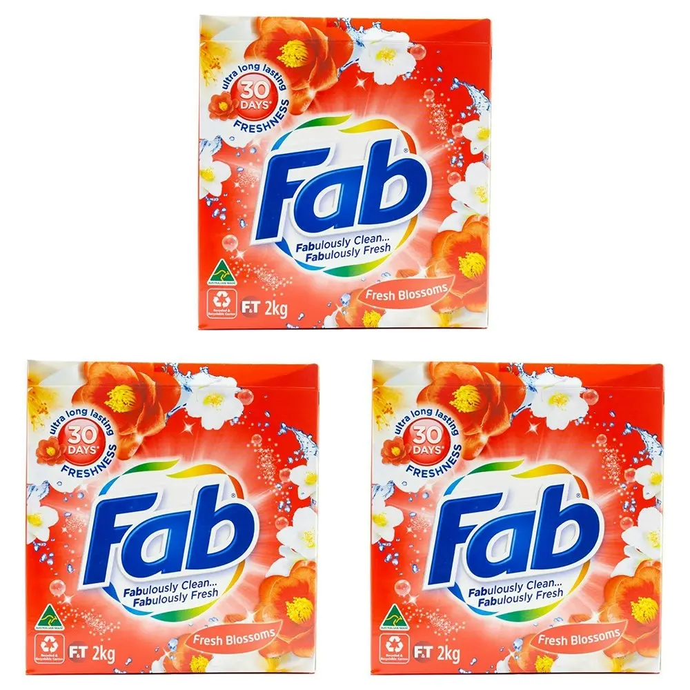3x fab Laundry Powder Front & Top Loader Fresh Blossoms Cleans & Brightens 2kg - Home & Garden