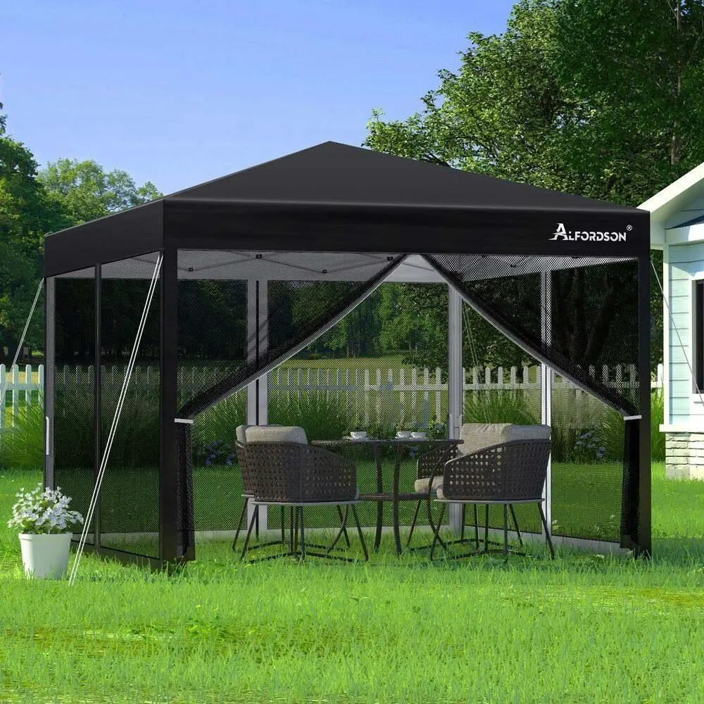 Alfordson Gazebo Pop Up Marquee 3x3 Outdoor Tent Party Camping Mesh Wall Black - Home & Garden
