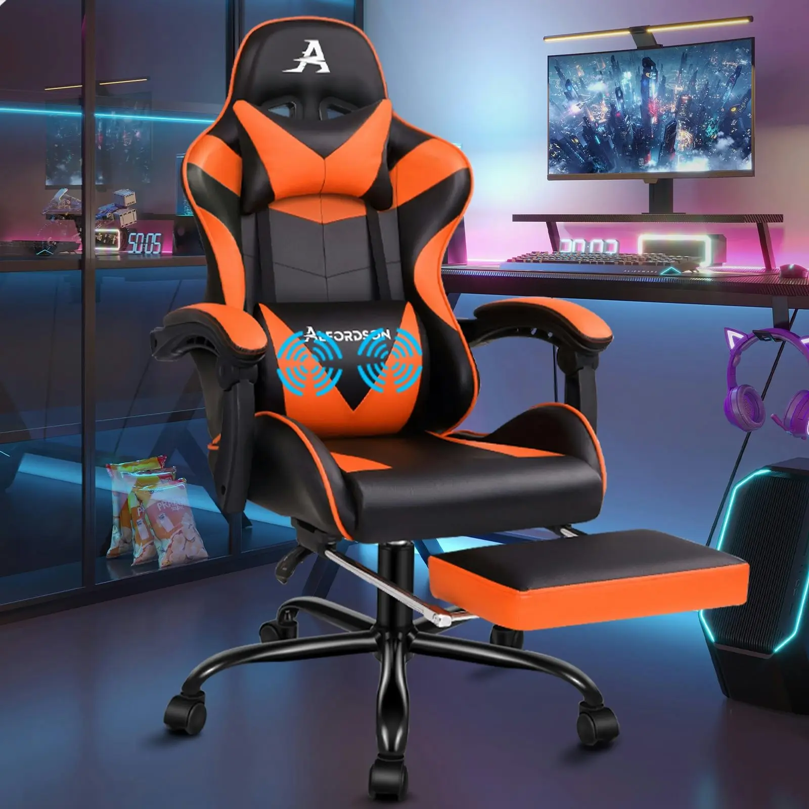 Alfordson Gaming Chair with Lumbar Massage Office Chair Black & Orange - Save up to 70% Off Office Furniture Specials