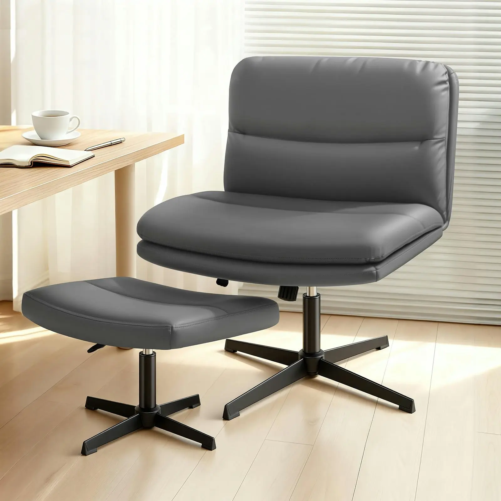 Alfordson Office Chair Computer Cross-legged Seat Work Ottoman PU Leather Grey