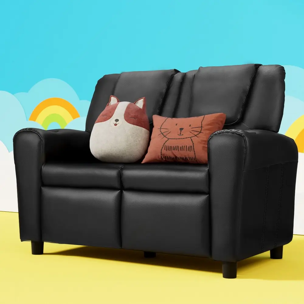 Keezi Kids Recliner Chair Double PU Leather Sofa Lounge Couch Armchair Black - Up to 70% Off Kids & Baby Furniture