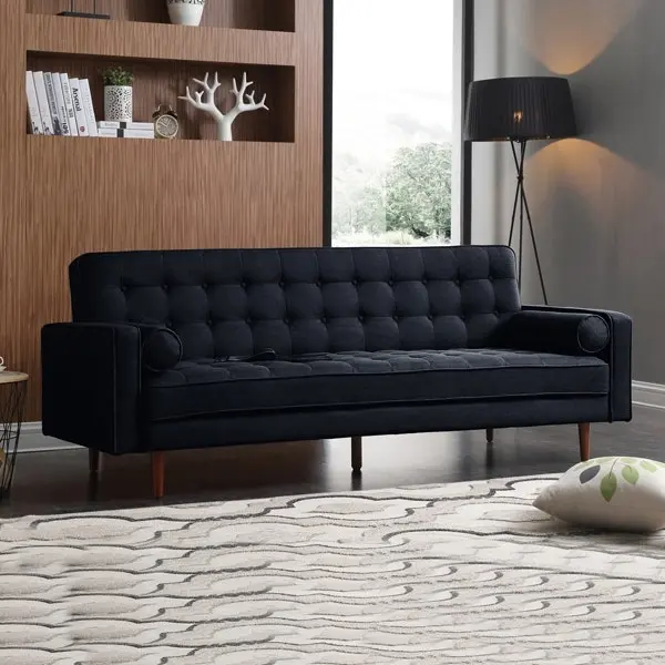 Sofa Bed 3 Seater Button Tufted Lounge Set for Living Room Couch in Velvet Black Colour - Furniture