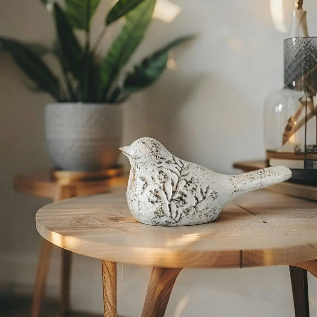 Willow & Silk Cast Iron 15cm Resting Bird White Embossed Paperweight - Home & Garden