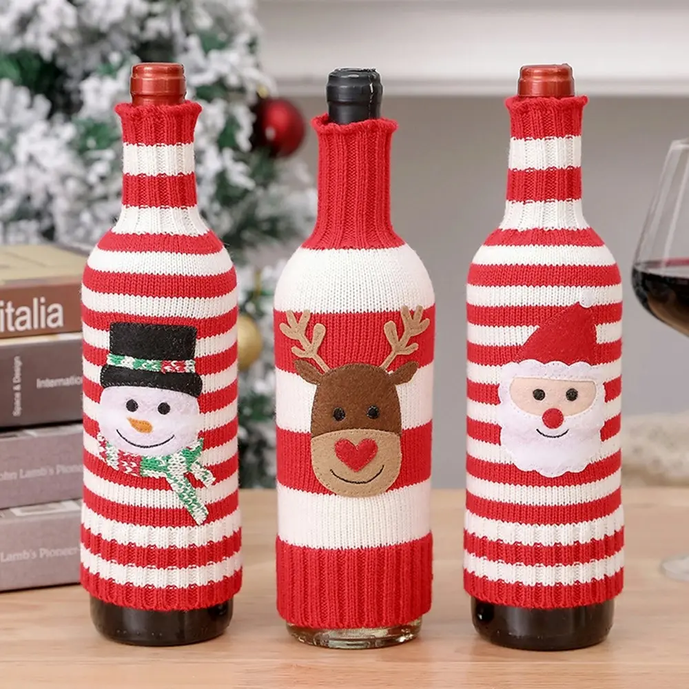 3Pcs Christmas Wine Bottle Sleeves Knitted Striped Wine Bottle Cover Party Decor - Home & Garden