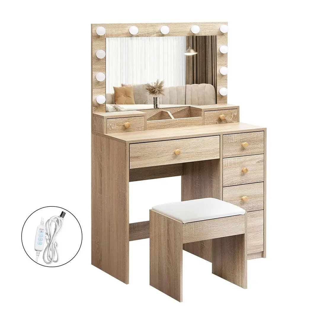 Levede Dressing Table Stool Set 11 Bulb Makeup Mirror Vanity Desk Cabinet Oak - Furniture