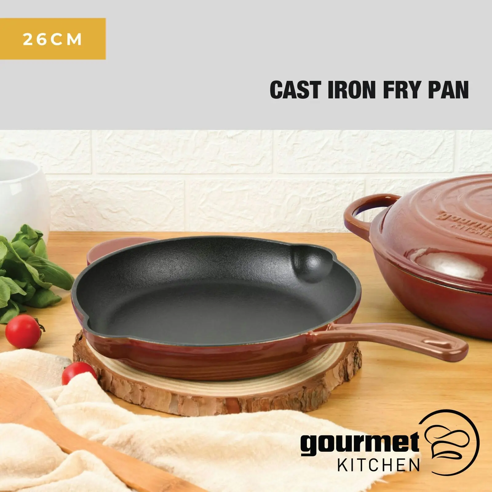 Gourmet Kitchen Cast Iron Fry Pan 26cm Black Cherry Red - Home & Garden