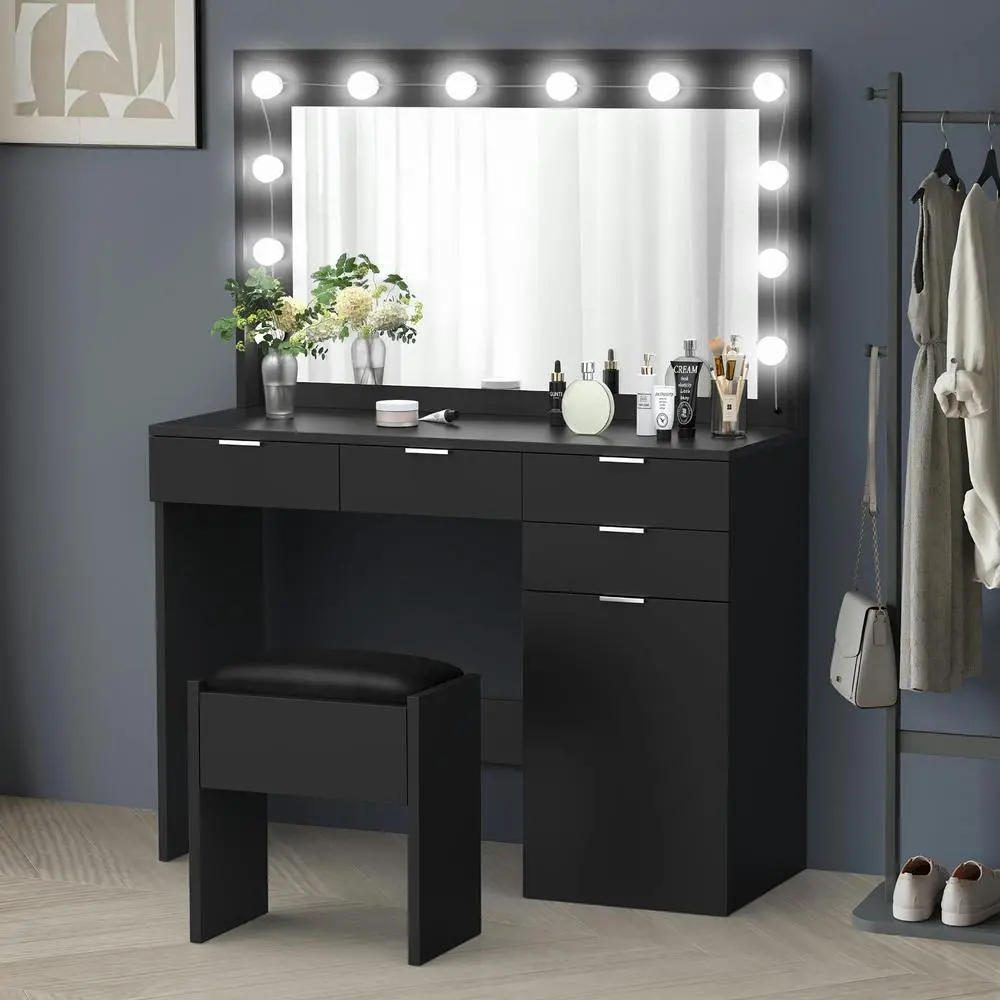 Alfordson Dressing Table Stool Set LED Bulbs Black - Furniture