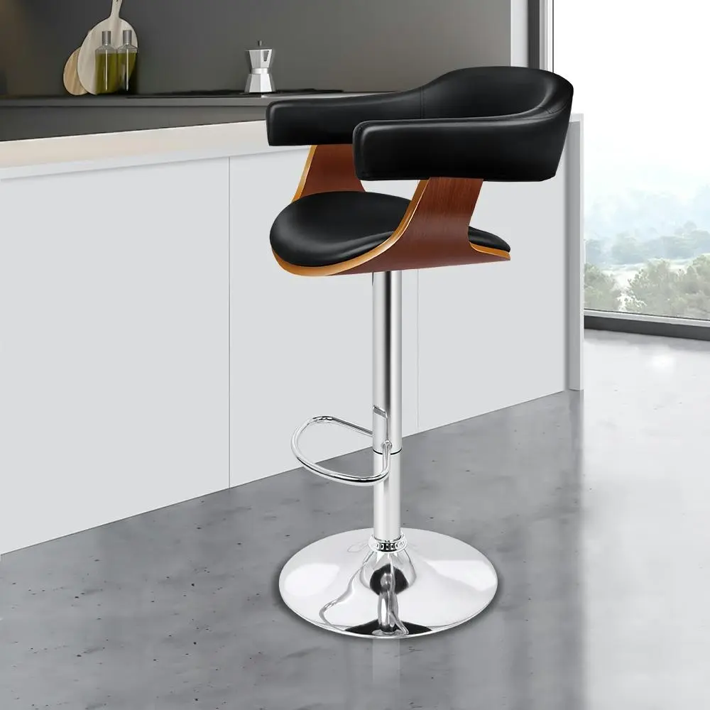 Alfordson 1x Wooden Bar Stool Joan Kitchen Swivel Chair Wood Leather Black - Furniture