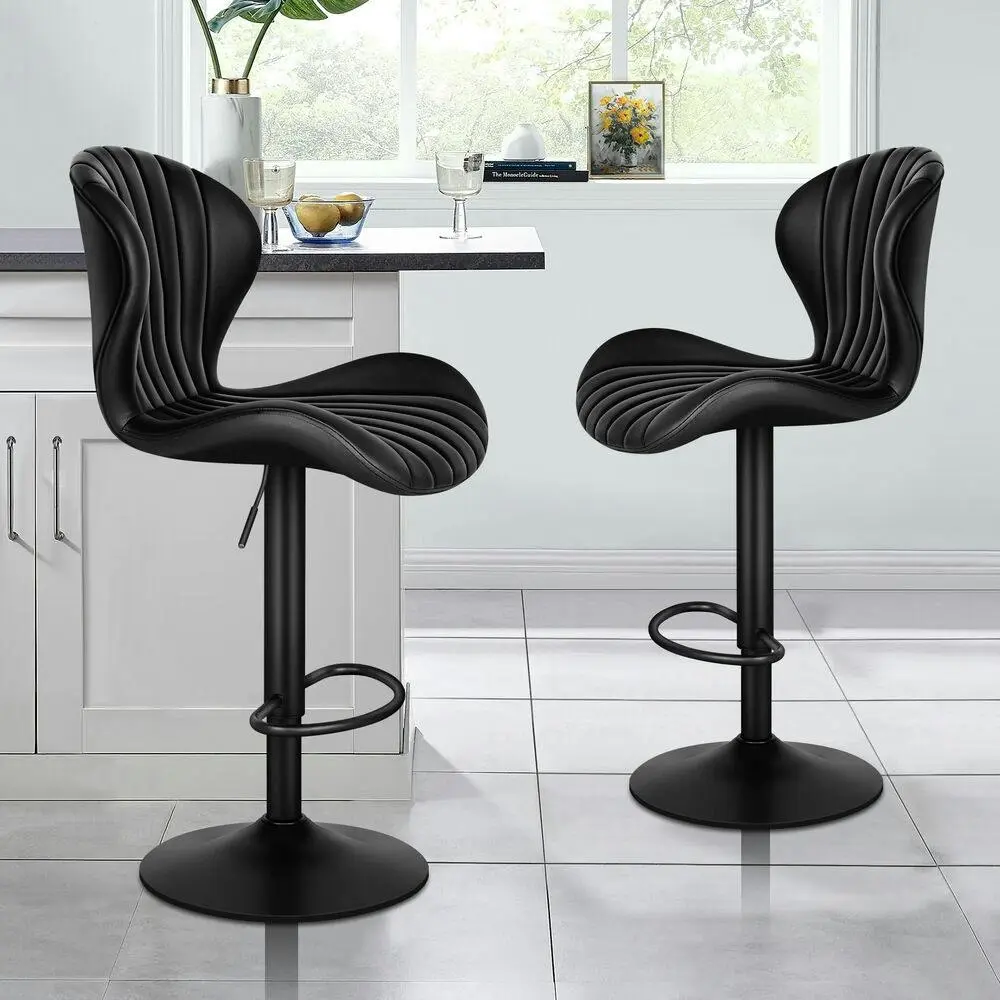 Alfordson 2x Bar Stools Gas Lift Leather Bar Chairs Kitchen Swivel Stella BLACK - Furniture