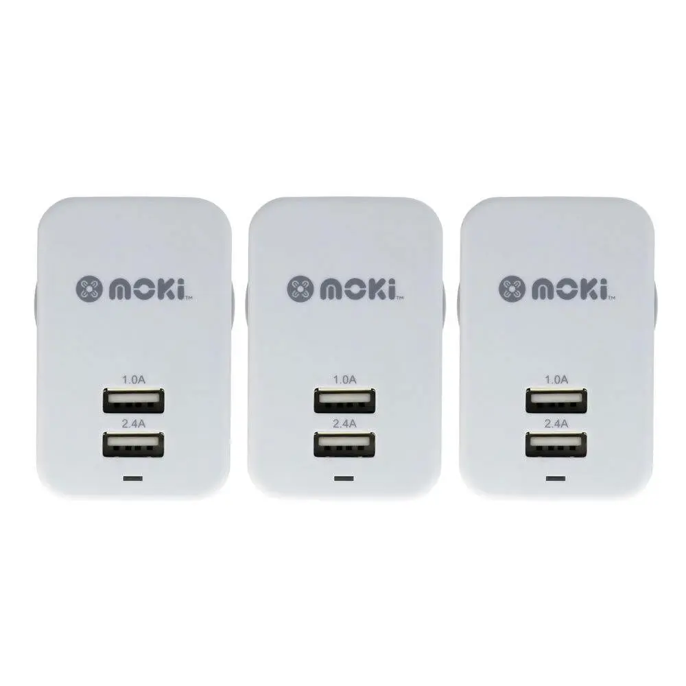 3PK Moki Dual USB Wall Mobile Charger Universal Adaptor Plug Travel Adapter WHT - Electronics