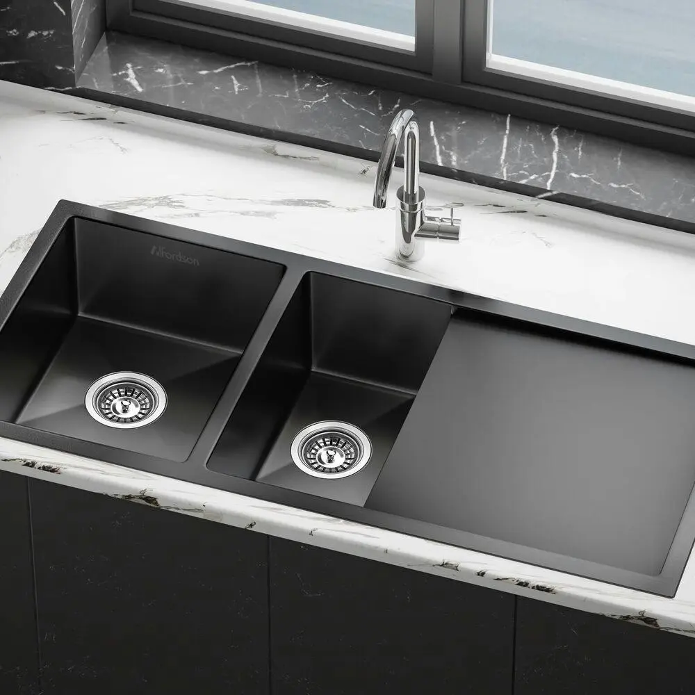 Alfordson Kitchen Sink Stainless Steel Drop in Flush Under Mount 100X45CM Black - Best Sellers From $10