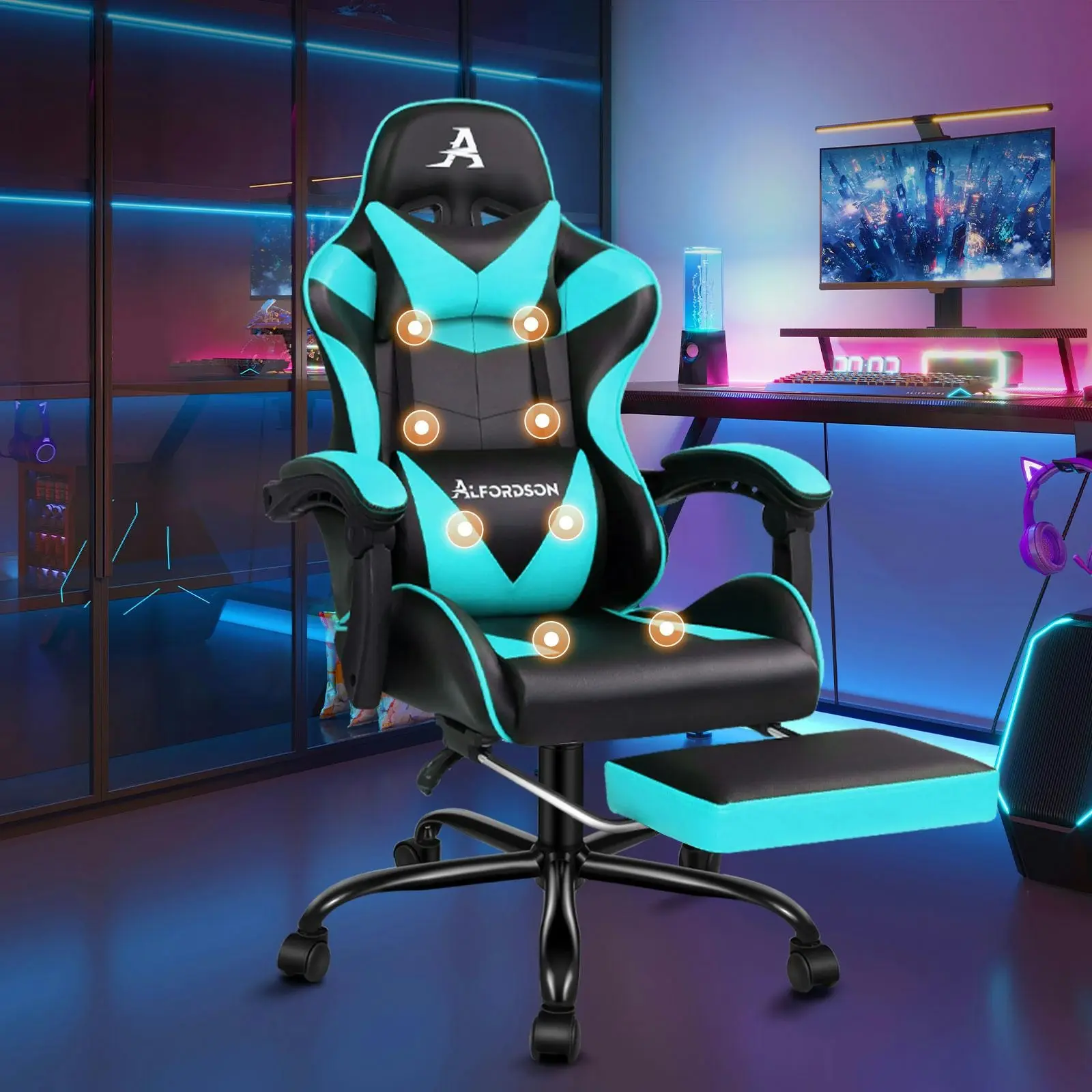 Alfordson Gaming Chair Office Massage Computer Racing Seat PU Leather Cyan - Save up to 70% Off Office Furniture Specials