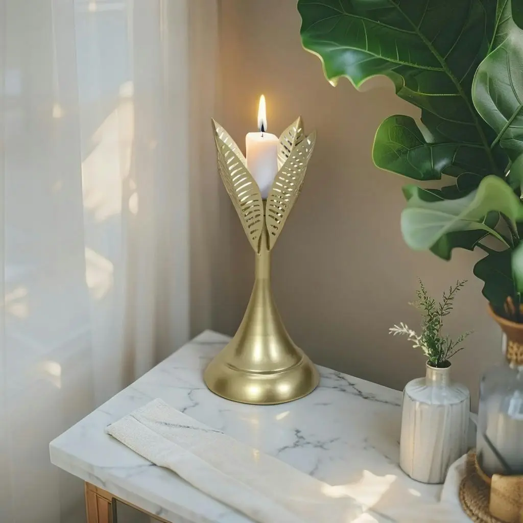 Willow & Silk Metal 32cm Golden Leaves Taper Candle Holder - Home & Garden
