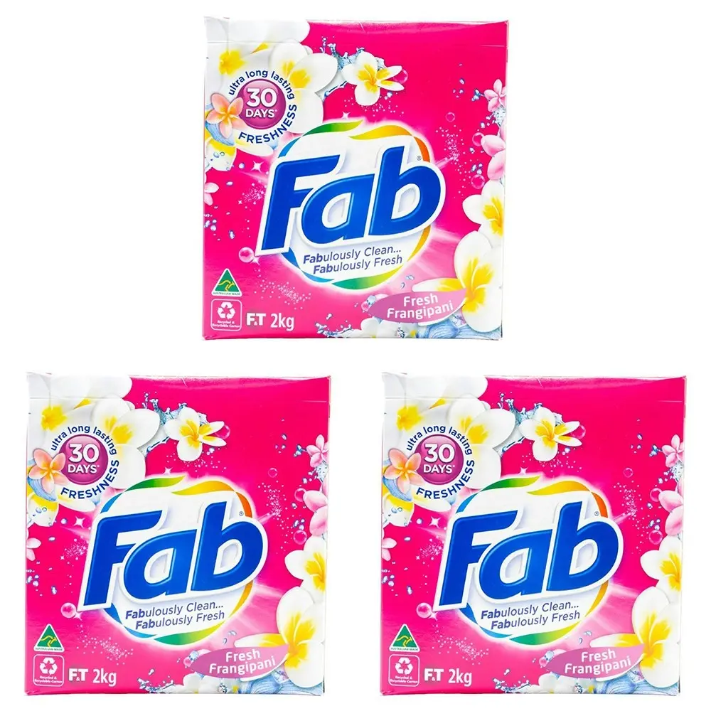 3x fab Laundry Powder Fresh Frangipani Front + Top Loader Clean Formula 2kg - Home & Garden