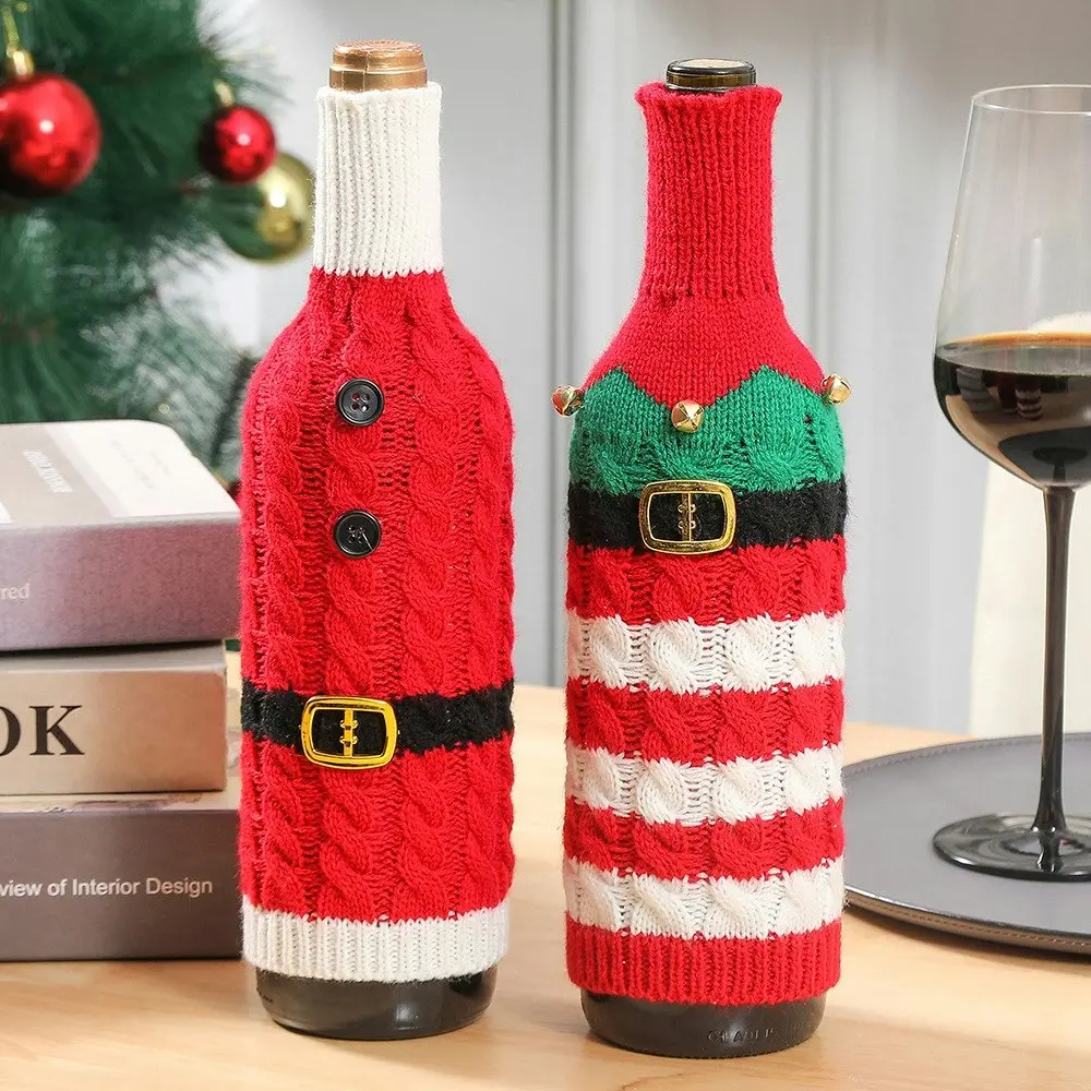 2Pcs Christmas Wine Bottle Cover Knitted Wine Bottle Bag Xmas Dinner Table Decor - Home & Garden