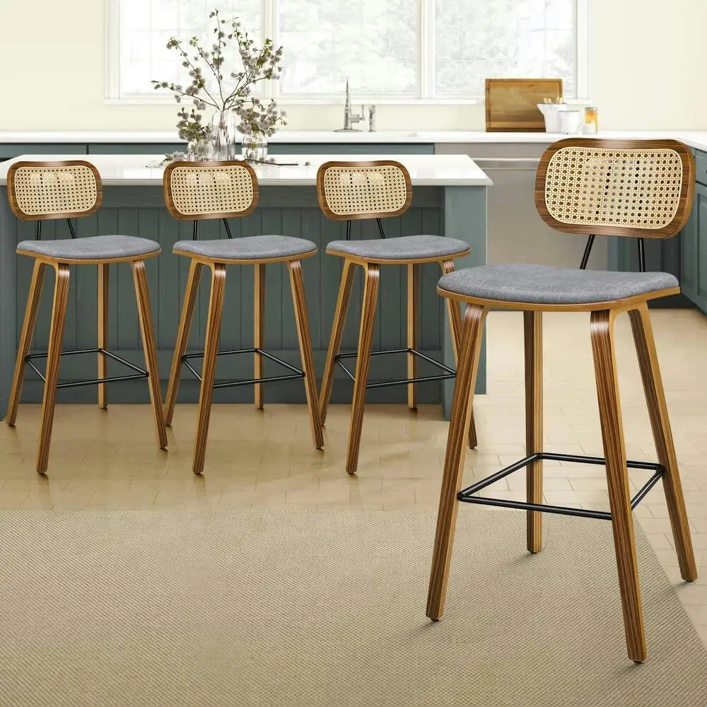 Alfordson 4x Bar Stools Kitchen Vintage Fabric Seat Rattan Chair Wooden Grey - Shop Dining Chairs & Bar Stools
