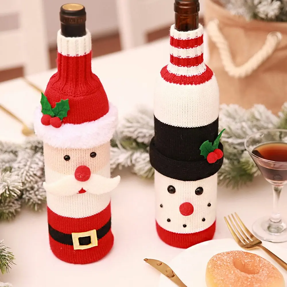 2Pcs Christmas Decorations Old Man Red Wine Bottle Set Knitted Wine Bottle Cover - Home & Garden