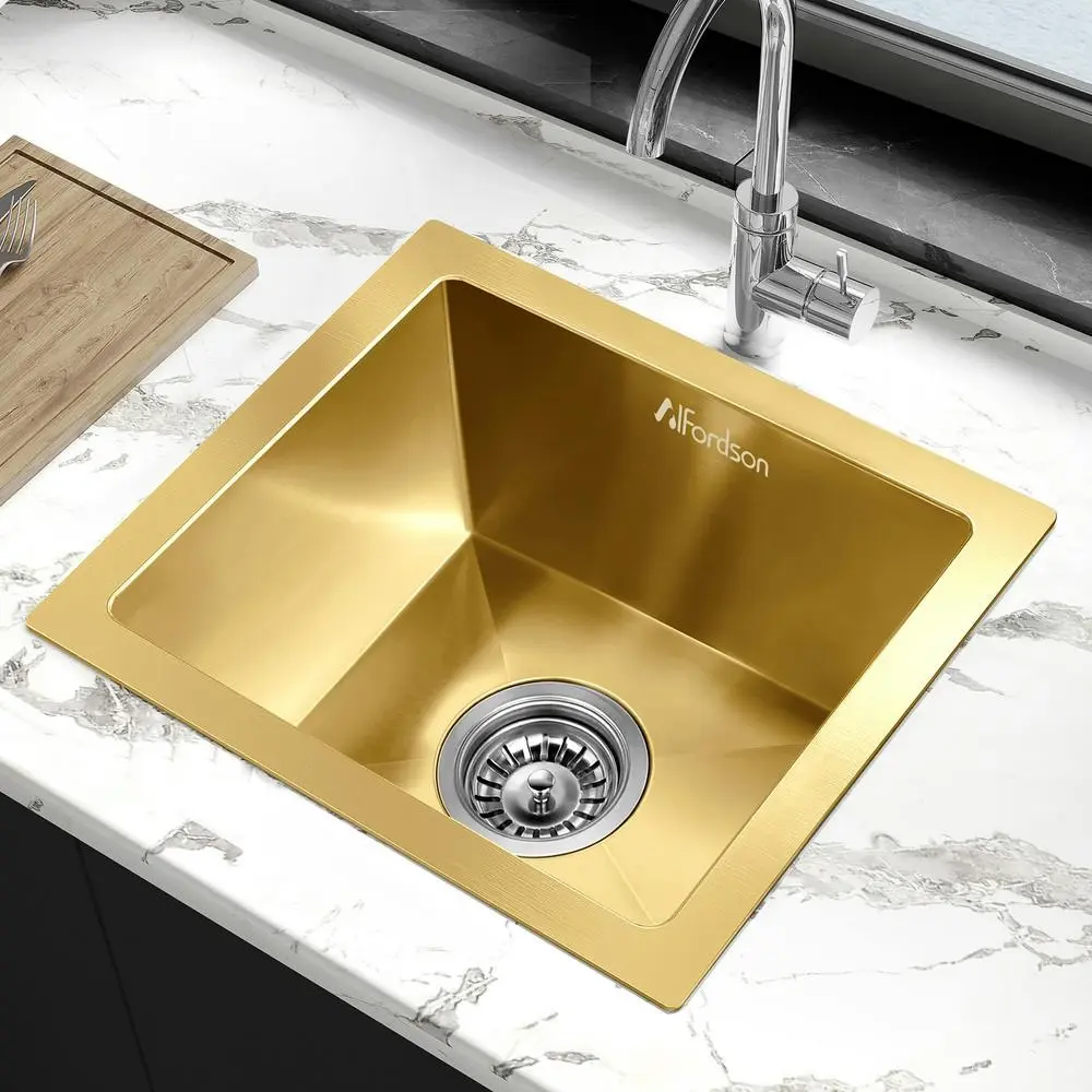 Alfordson Kitchen Sink Stainless Steel Drop in Flush Under Mount 340X310MM Gold - Hardware