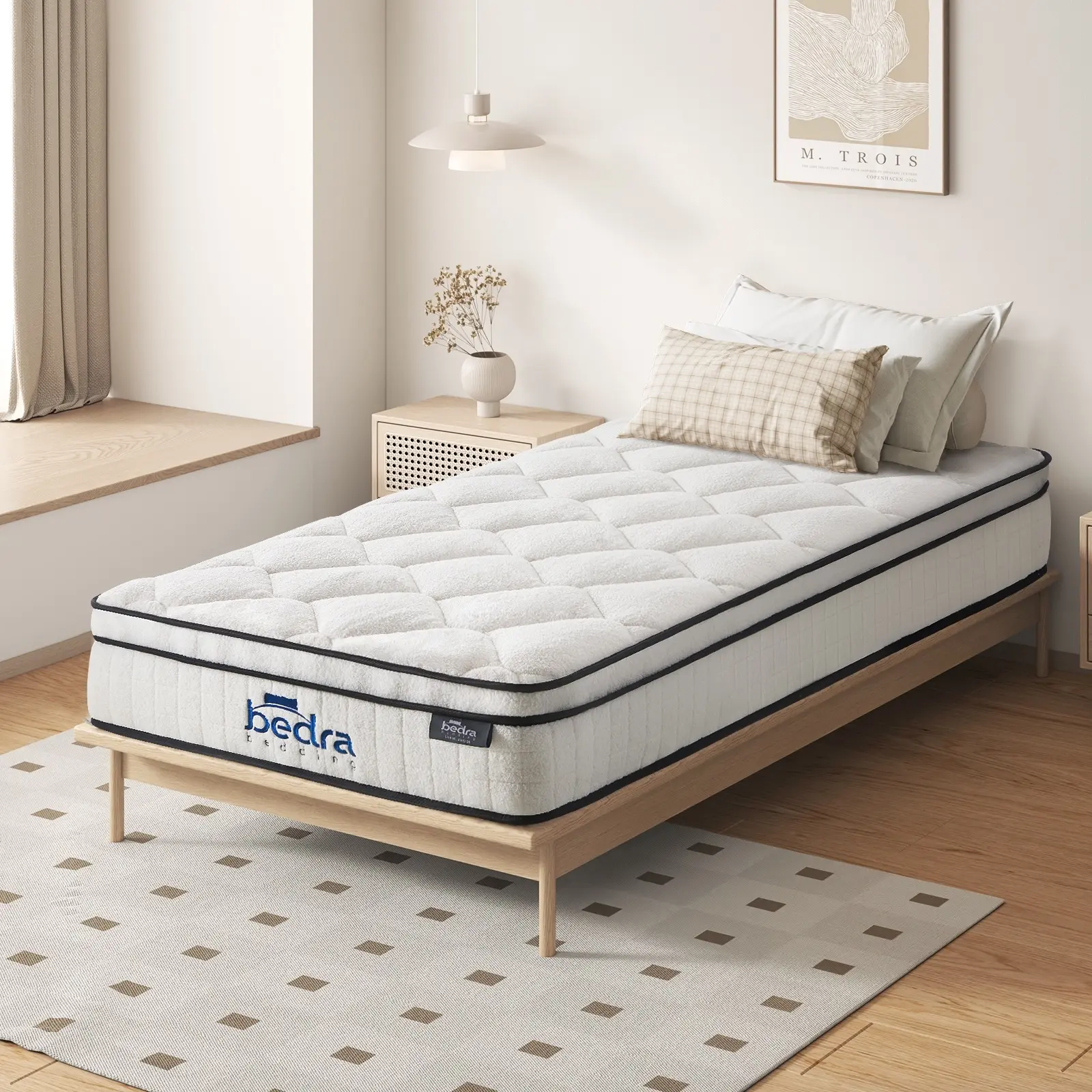 Bedra Single Mattress Luxury Boucle Fabric Euro Top Pocket Spring Bed Medium 22cm - Furniture