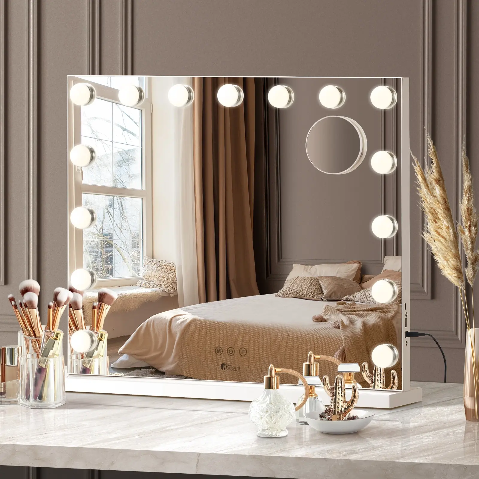 Oikiture 59x48cm Hollywood Makeup Mirrors Magnifying LED Light Standing Wall Mounted - Home & Garden