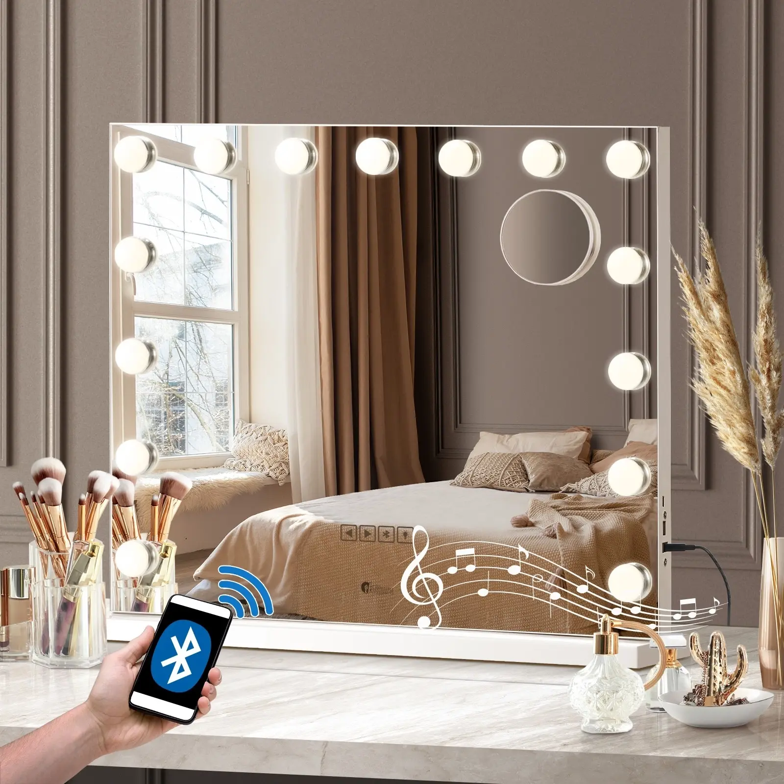 Oikiture 59x48cm Bluetooth Hollywood Makeup Mirrors with LED Light Vanity Mirror - Home & Garden