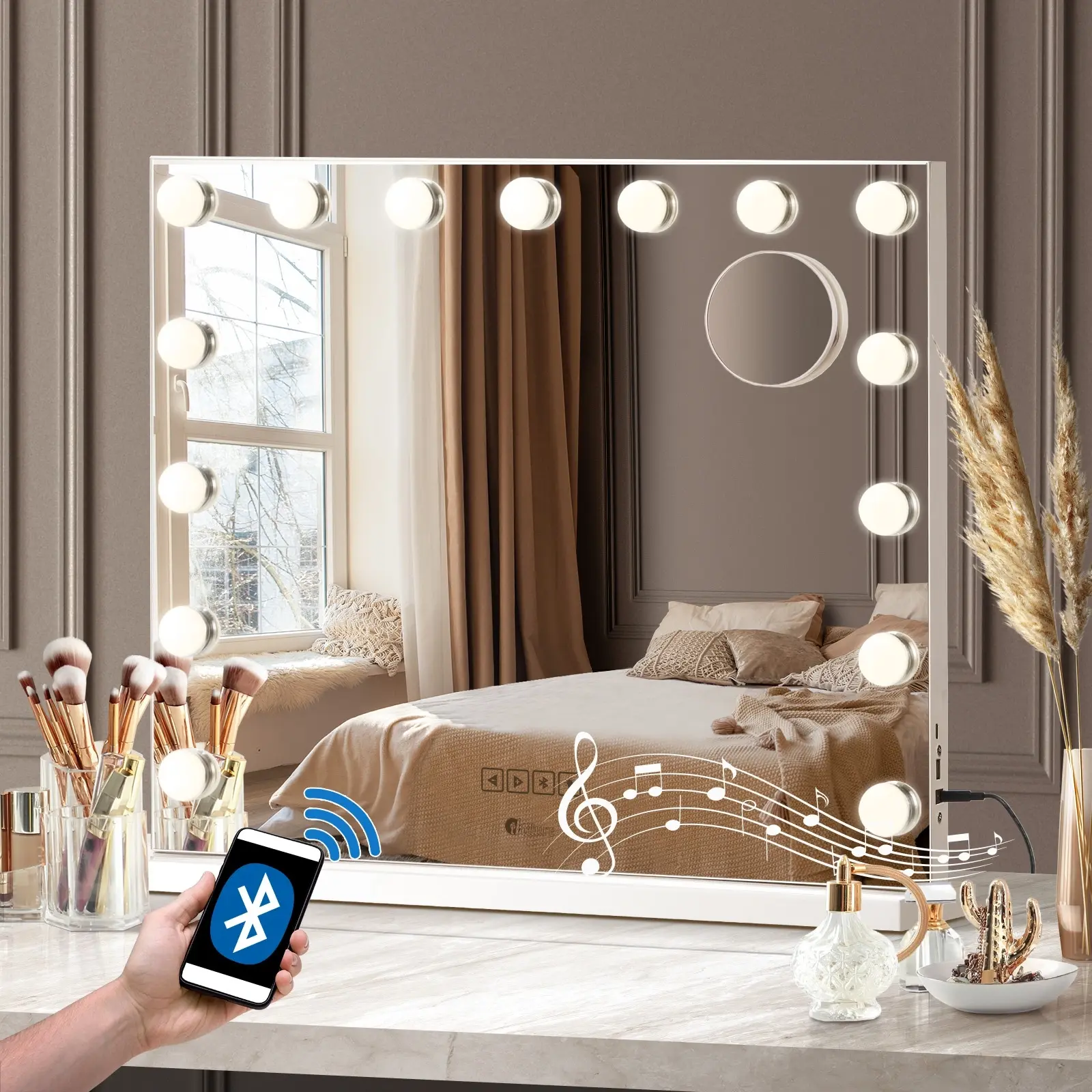 Oikiture 60x52cm Makeup Mirror Bluetooth Hollywood LED Light Vanity Mirrors Standing Wall Mounted - Home & Garden
