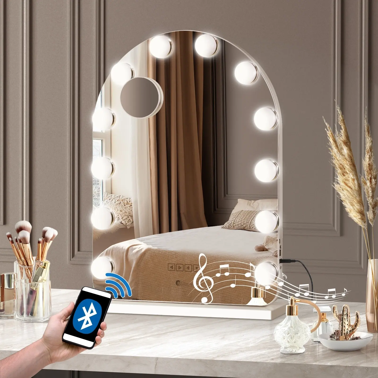 Oikiture 61x43cm LED Arched Makeup Mirror Bluetooth Hollywood Vanity Wall Mirrors Standing Wall Mounted - Home & Garden