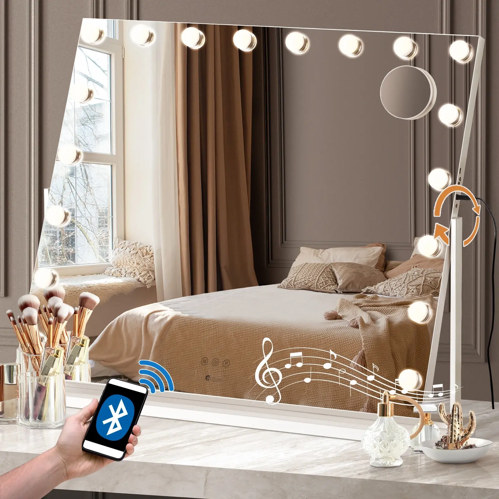 Oikiture 83x69cm Makeup Mirror Rotatable Bluetooth LED Hollywood Mirrors Magnifying - Home & Garden