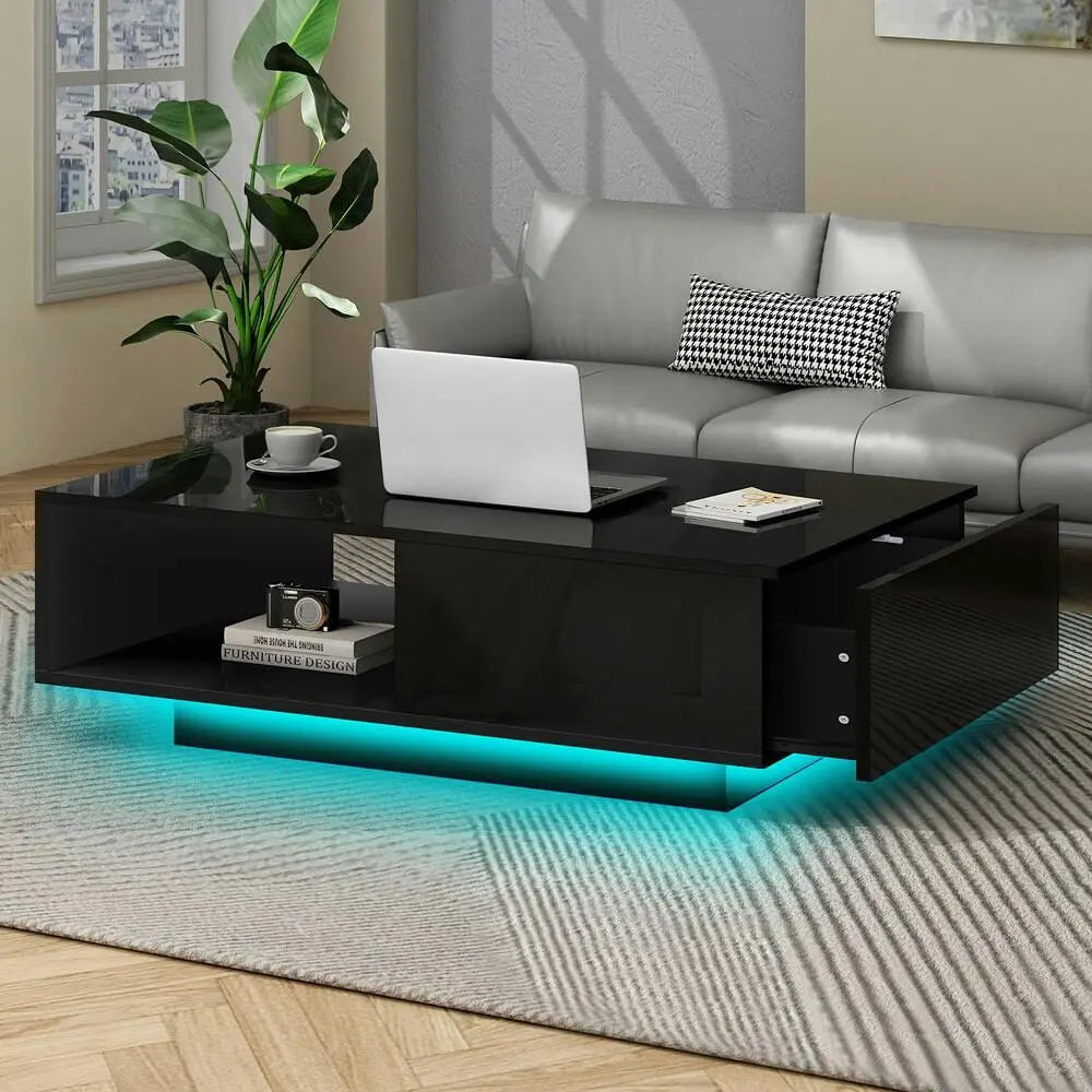 Alfordson Coffee Table LED Light High Gloss Drawer Black - Furniture