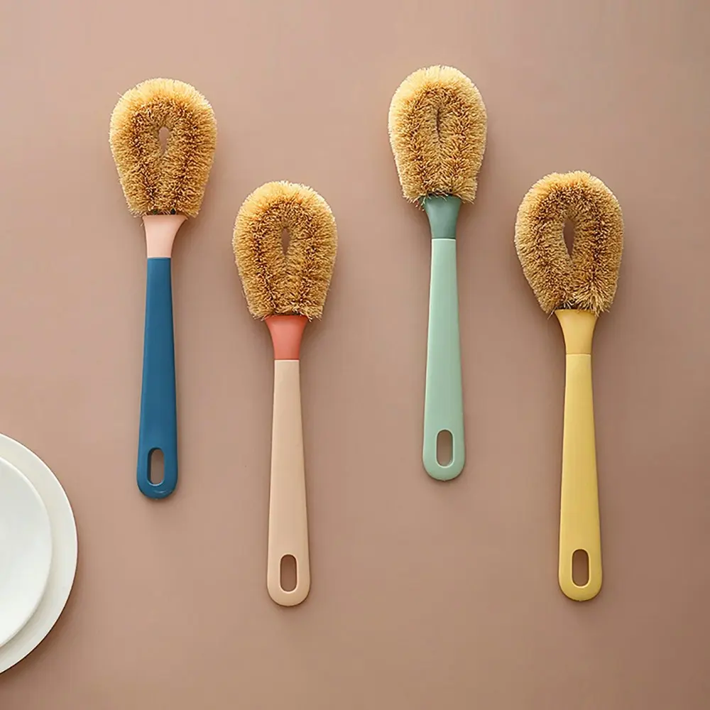 4Pcs Coconut Fiber Handle Dishwashing Brush Long Handle Brown Hair Pot Brush - Home & Garden